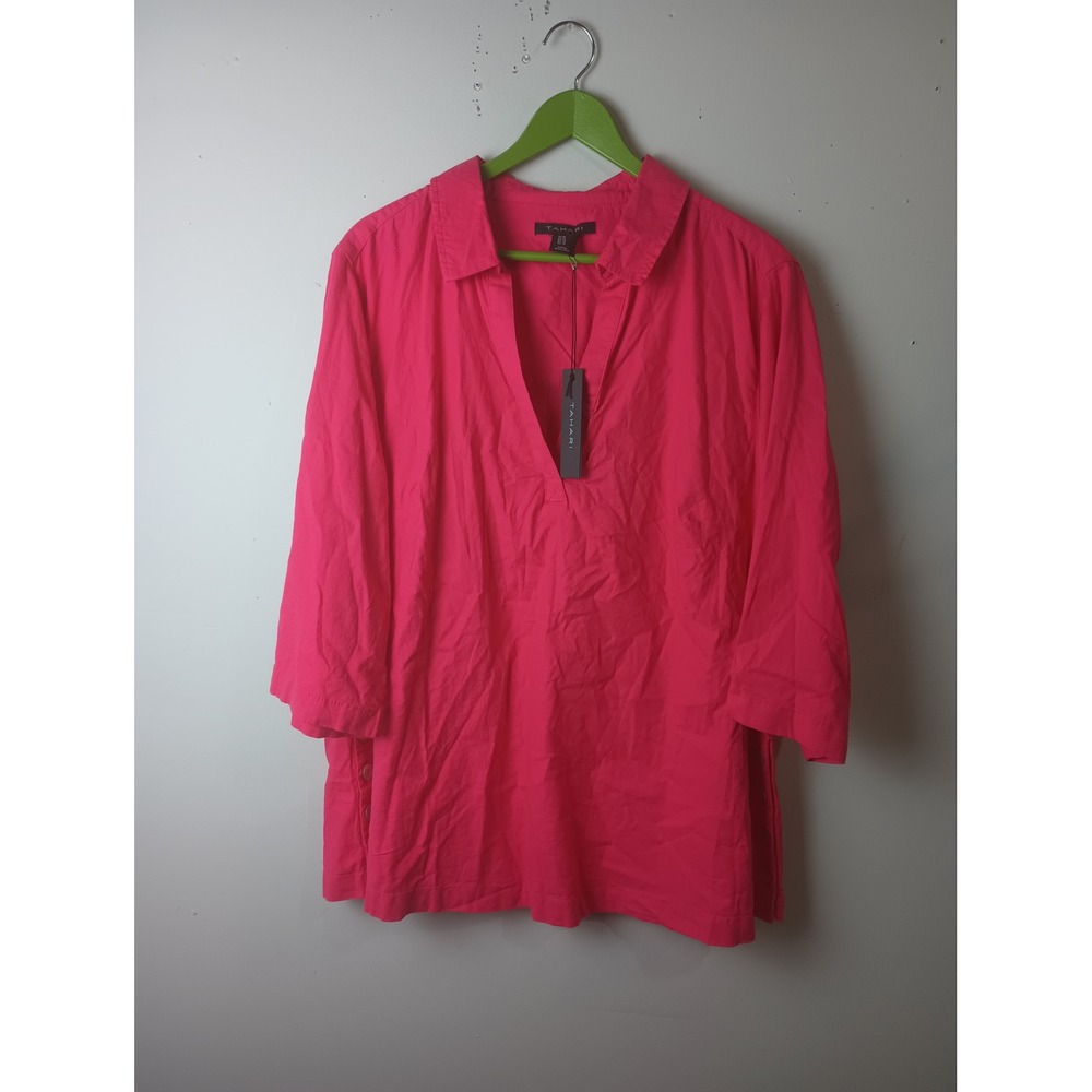 Tahari Pink Linen Blend Popover Blouse 3/4 Sleeve Side Button Top 1X NWT